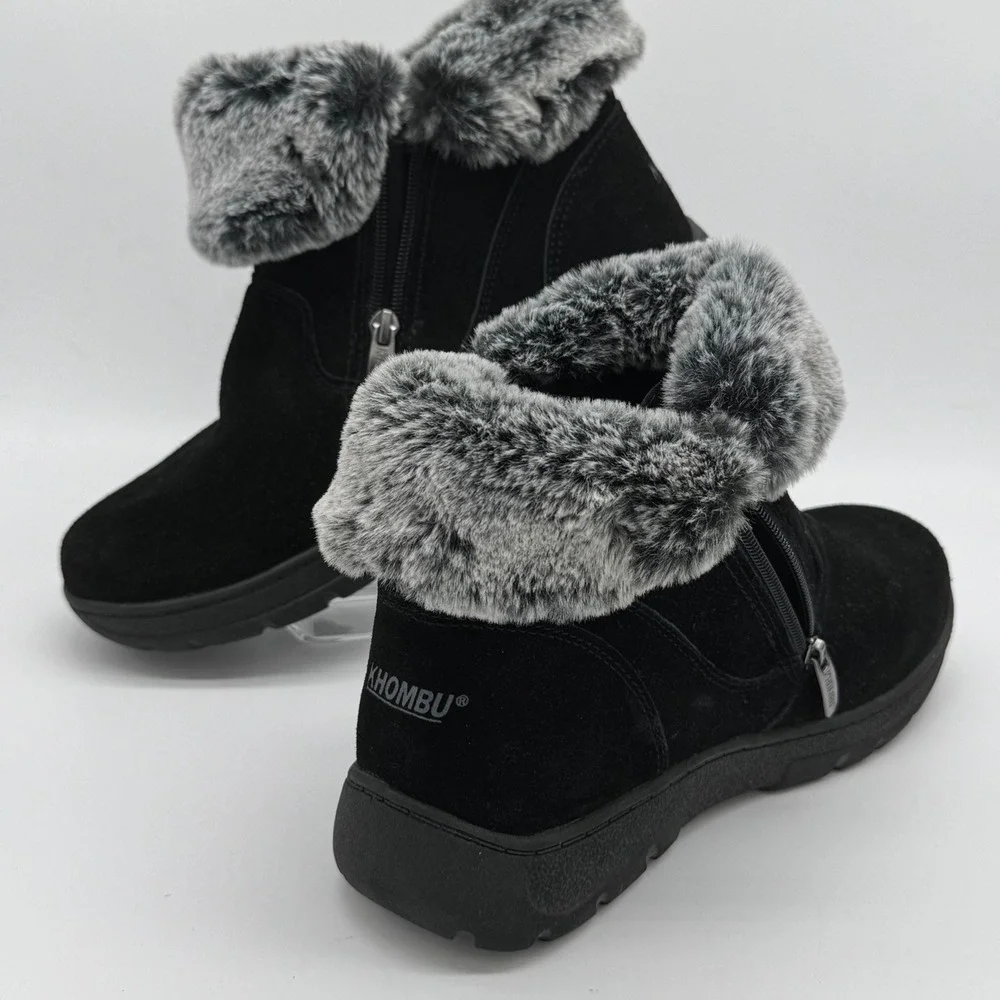 Khombu Jessica Black Suede Leather Faux Fur Lined Winter Ankle Snow Boots 9M
